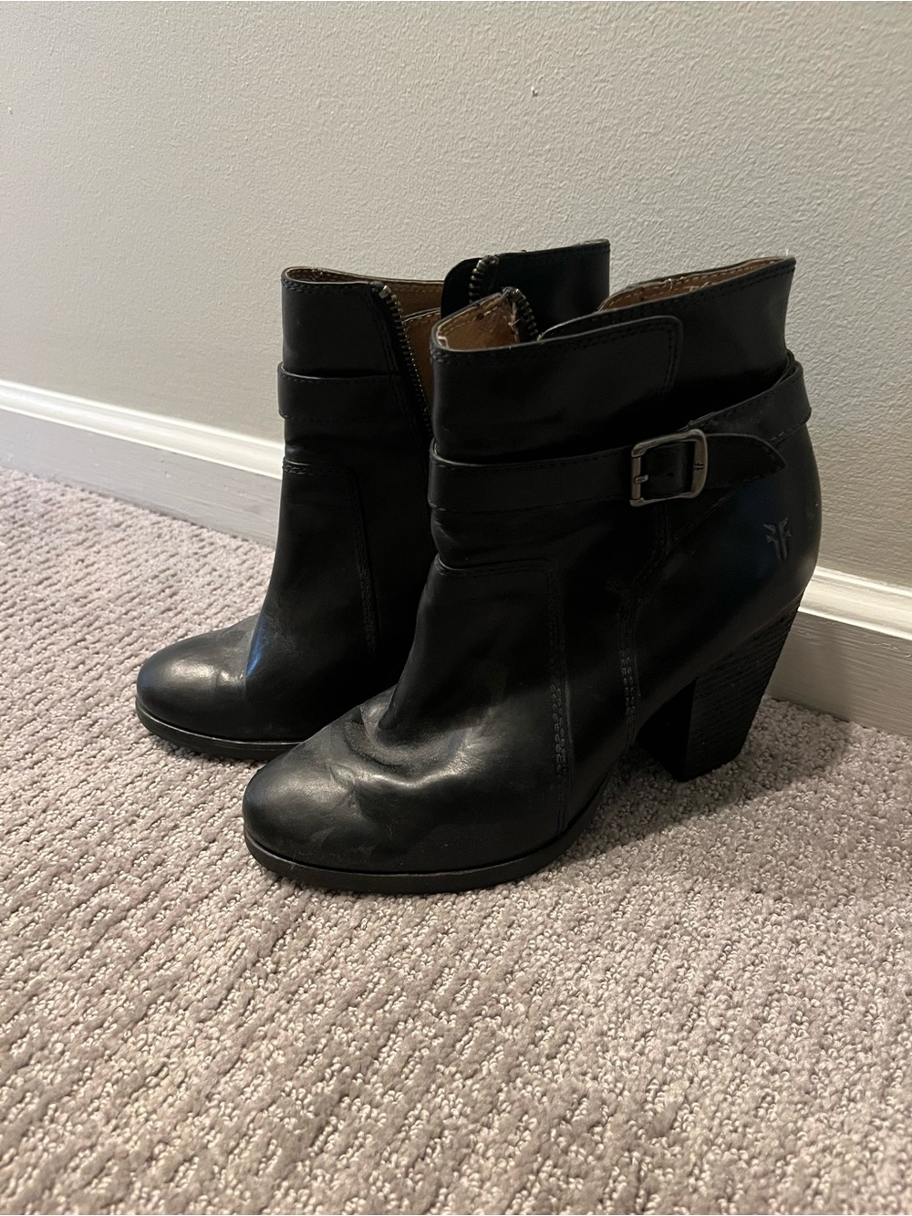 Frye Black Leather Ankle Booties with Buckle Strap and Block Heel